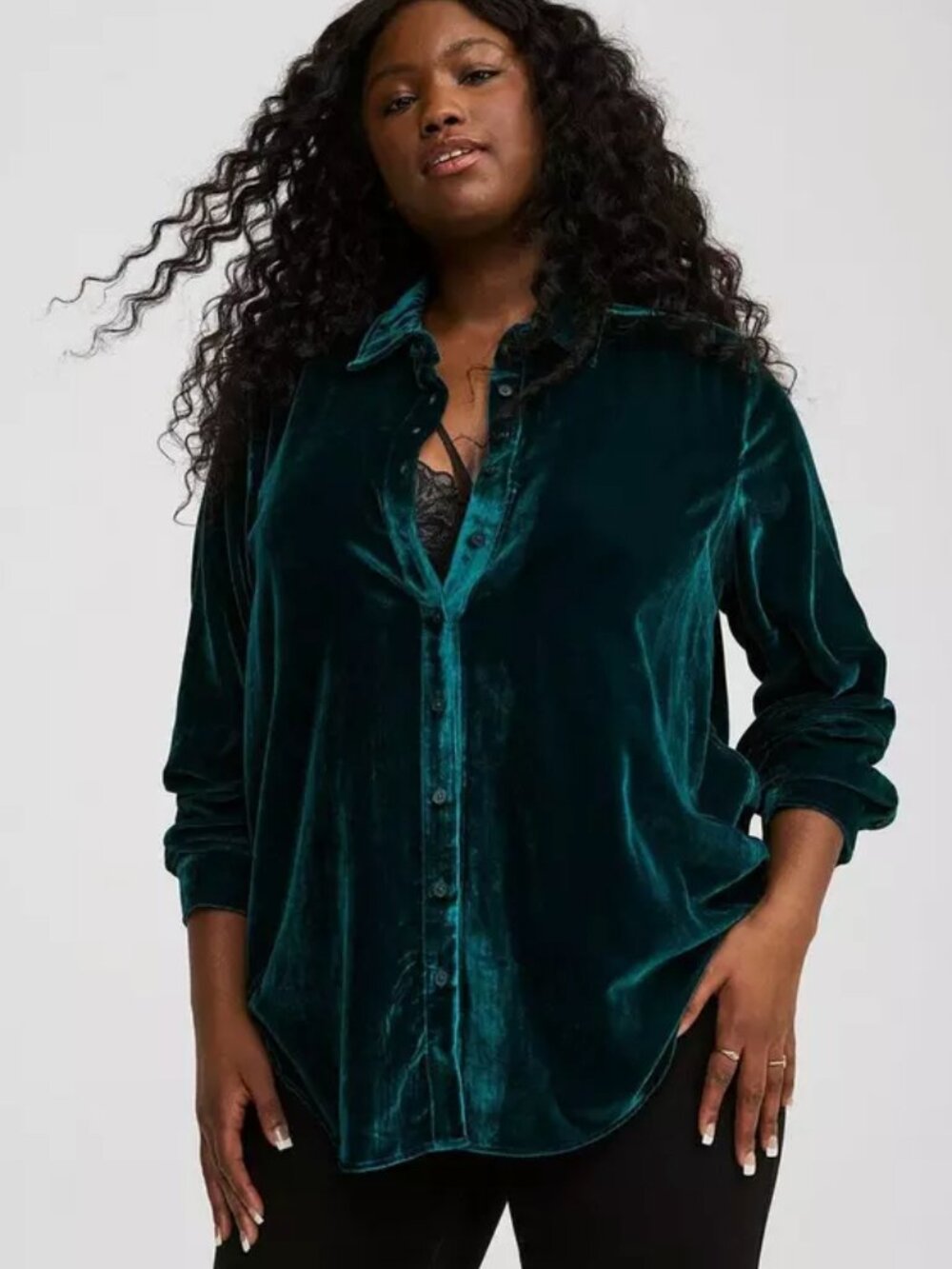 Torrid Lizzie Velvet Tunic Button-Down Emerald Jewel Tone Green Witchy Plus 2X